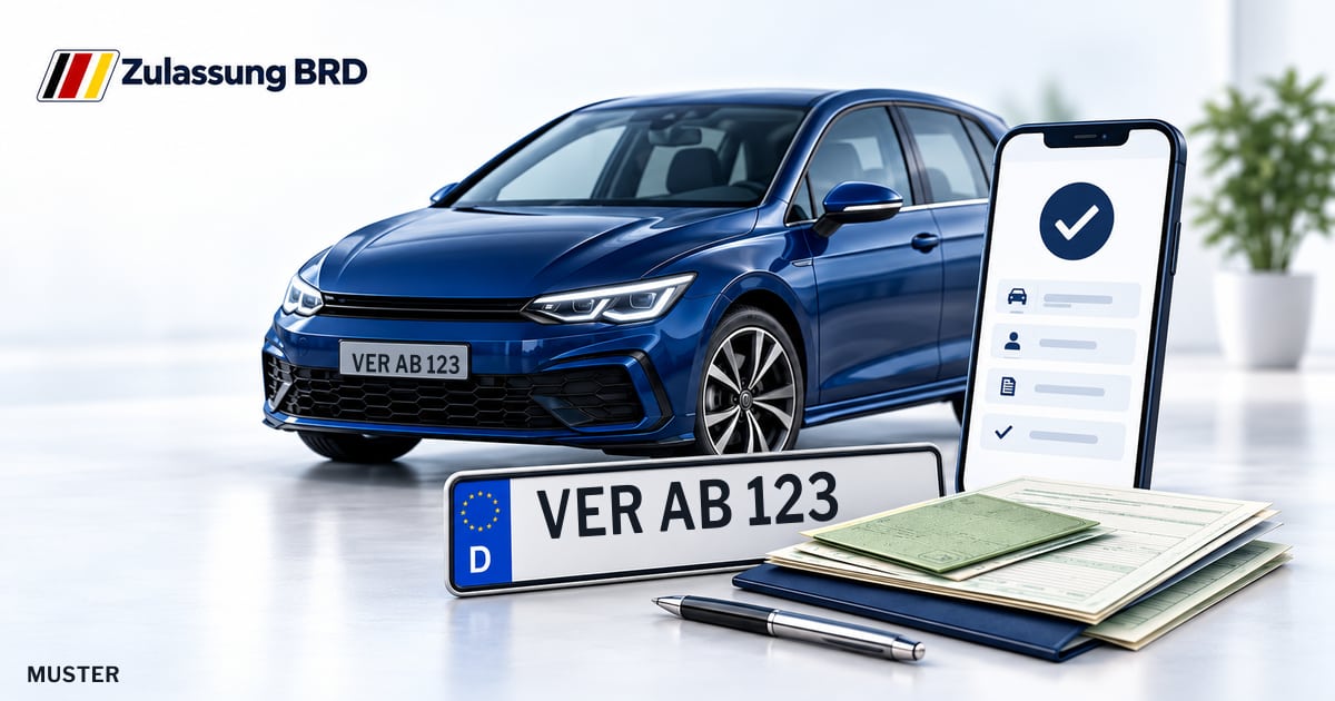 Online Fahrzeugzulassung in Landkreis Verden: Musterkennzeichen VER AB 123, Auto und Fahrzeugpapiere und Smartphone. Illustration mit Logo von Zulassung BRD.
